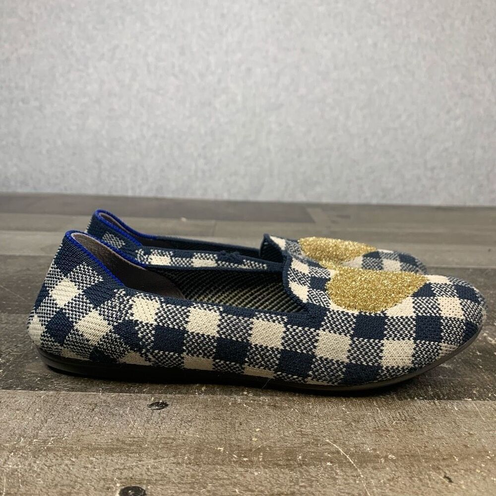 Rothy’s Big Girls Size 3 Gingham Loafers Gold Glitter Heart Plaid Ballet Flats